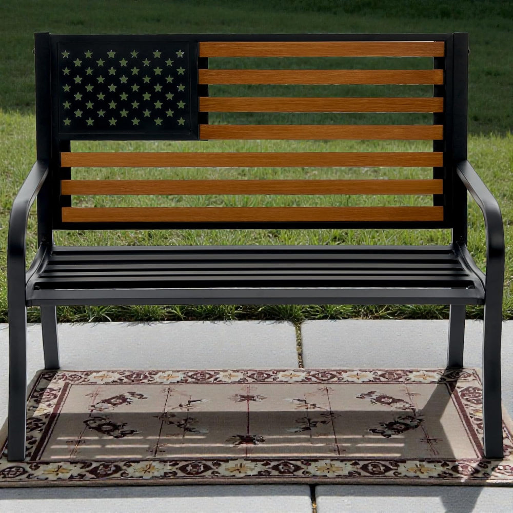 45.7 Inch American Flag Outdoor Bench - Patriotic Stars and Stripes Garden Be...