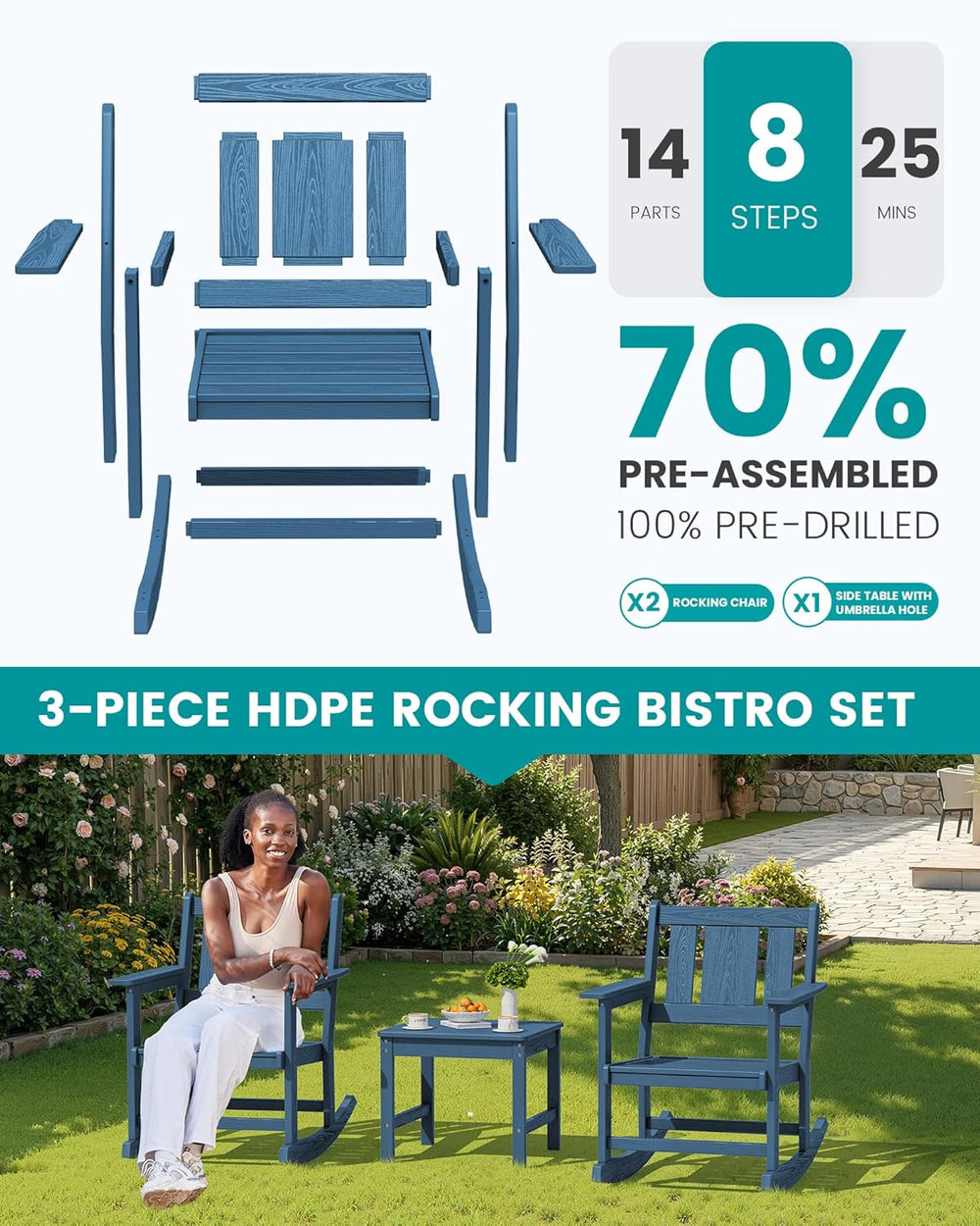 SERWALL 3-Piece Patio Furniture Set with 2 Rocking Chairs & Table, Blue