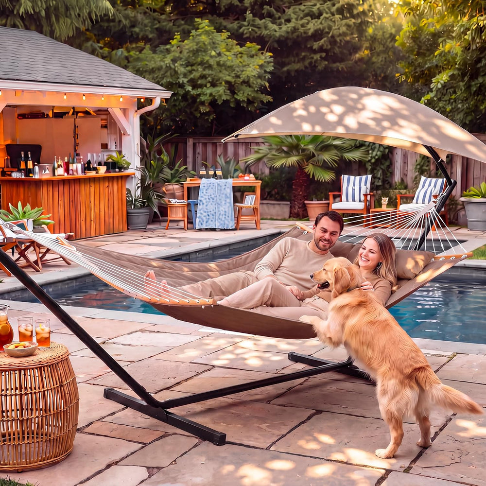 SUNCREAT 2 Person Hammock with Stand for Outside, Brown