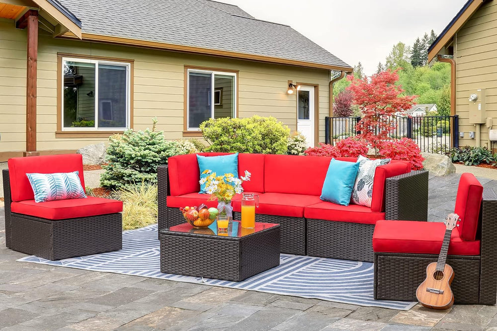 Vongrasig 6 Piece Small Patio Furniture Sets, Outdoor Sectional Sofa, Red
