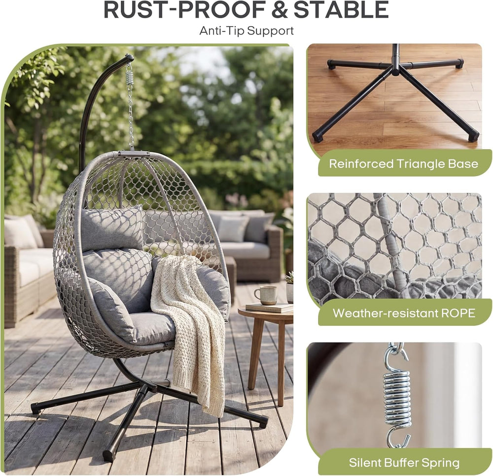 Outdoor Egg Hanging Chair with Stand, Honeycomb Wicker Swing Chair for Patio,...