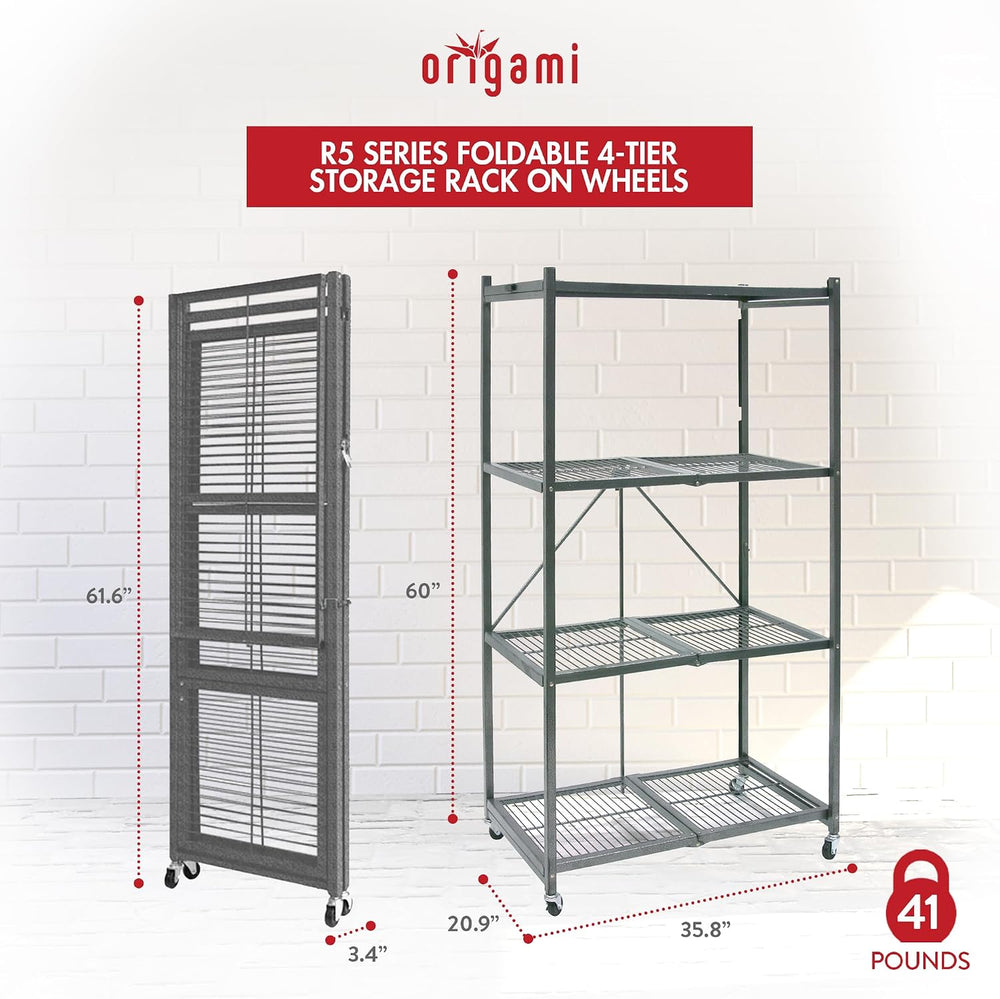 Origami R5 Series Foldable 4-Tier Heavy-Duty Steel Storage Rack, Pewter