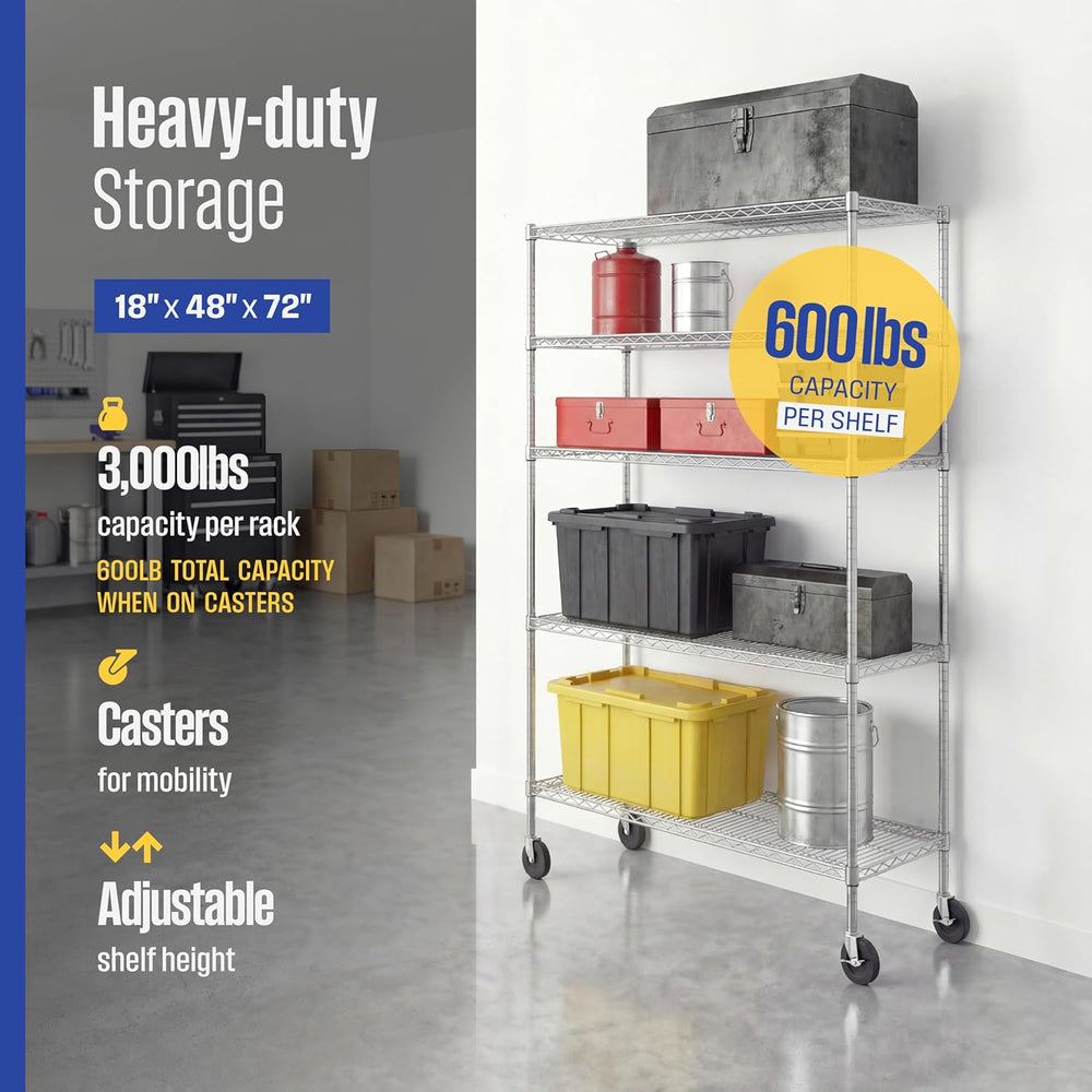 SafeRacks NSF 5-Tier Heavy Duty Wire Shelving Unit w/Wheels, 18"x48&quot...