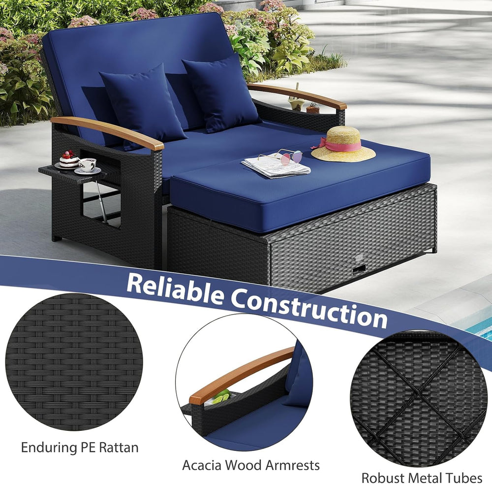 Moccha Outdoor Wicker Daybed, Patio Rattan Loveseat Sofa w/ 4-Level Adjustabl...