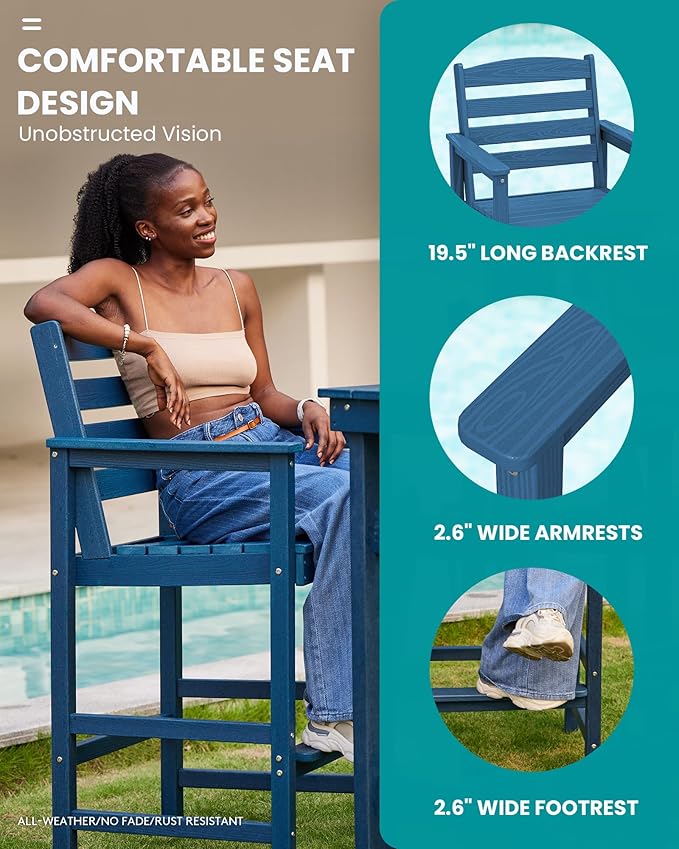SERWALL Outdoor Bar Table and Chairs Set, Adirondack Bar Chairs Set of 2 and ...