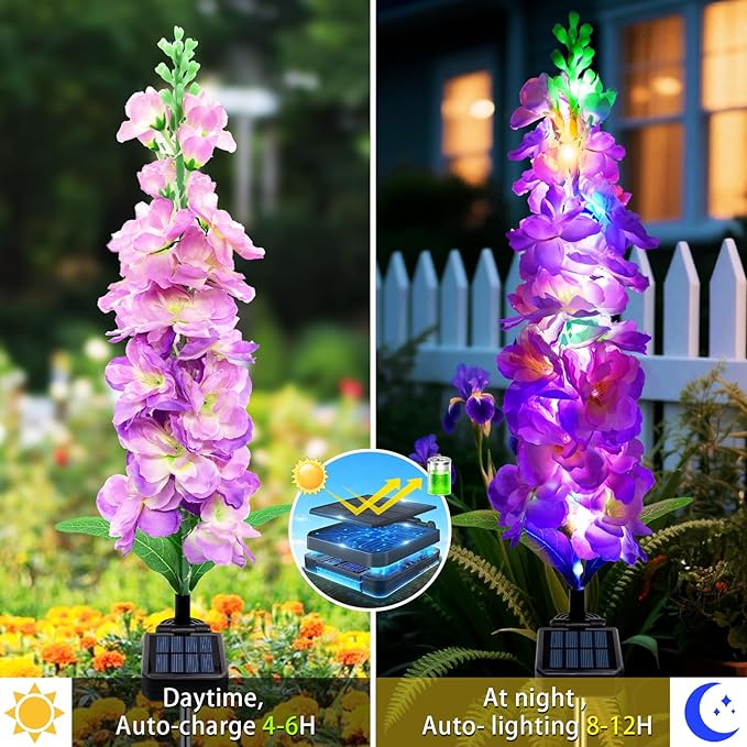 Solar Garden Lights, Solar Purple Delphinium Flowers Lights 4 Pack 80 LEDs, W...