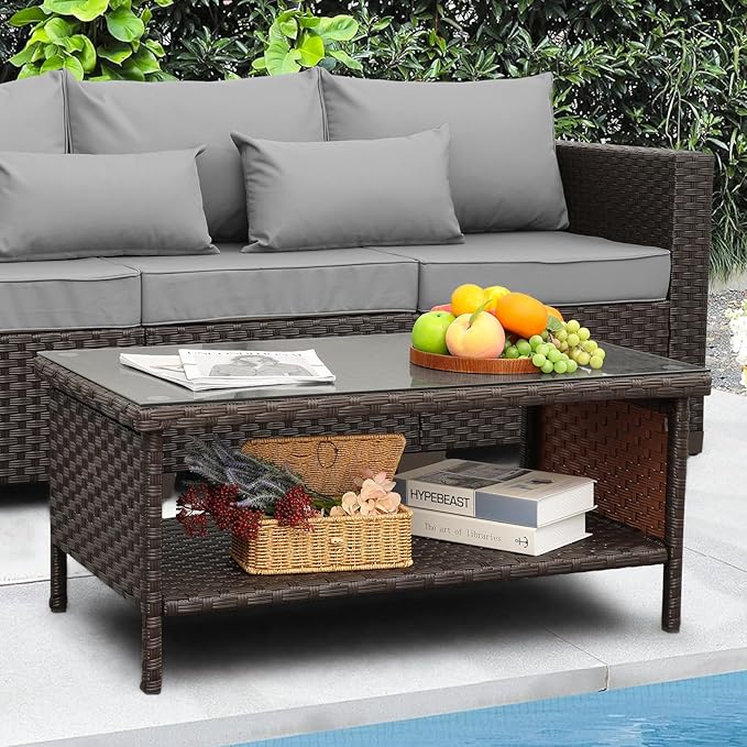 Outdoor Wicker Coffee Table Patio Furniture Garden Rattan 2-Layer Glass Table...