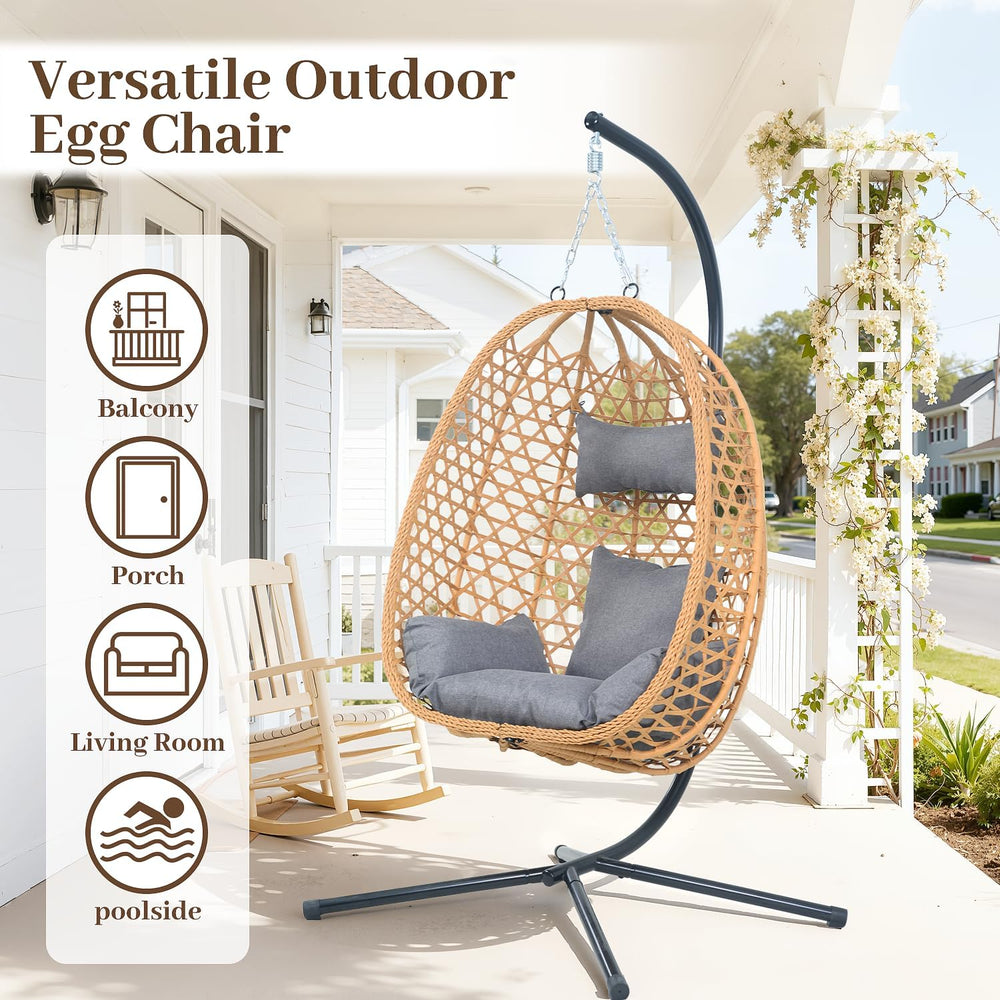 Outdoor Hanging Egg Chair with Stand,Patio Rattan Hammock Chair,Grey