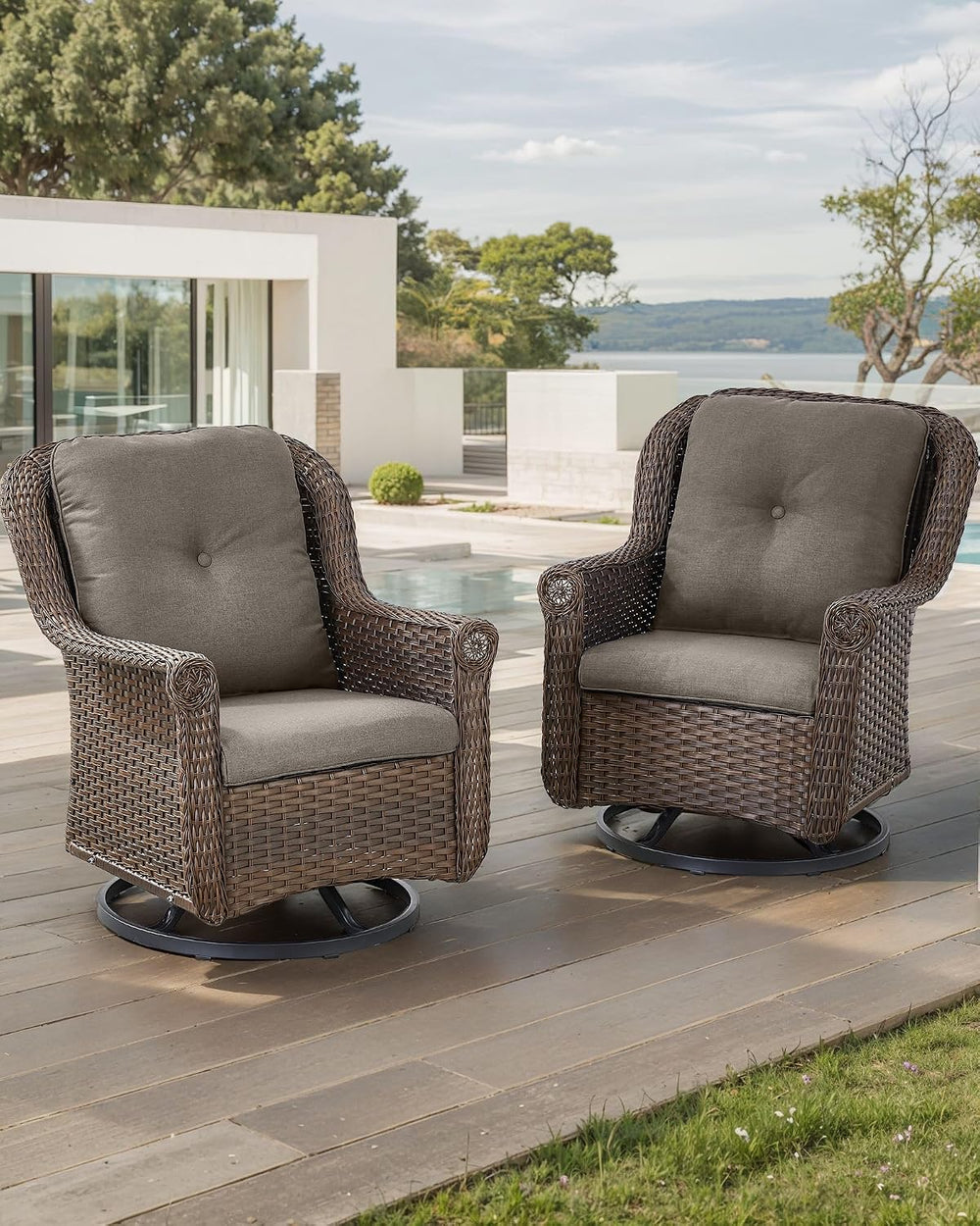 Patio Chairs Outdoor Swivel Glider - Set of 2 High Back Outside Brown Wicker ...