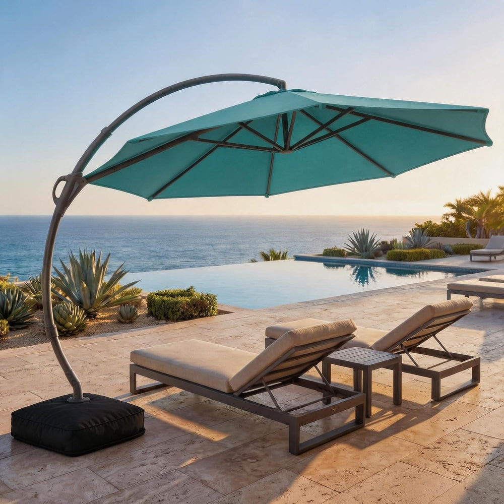 Outdoor Patio Umbrella with Base, 11 FT Deluxe Curvy Cantilever Umbrella Heav...