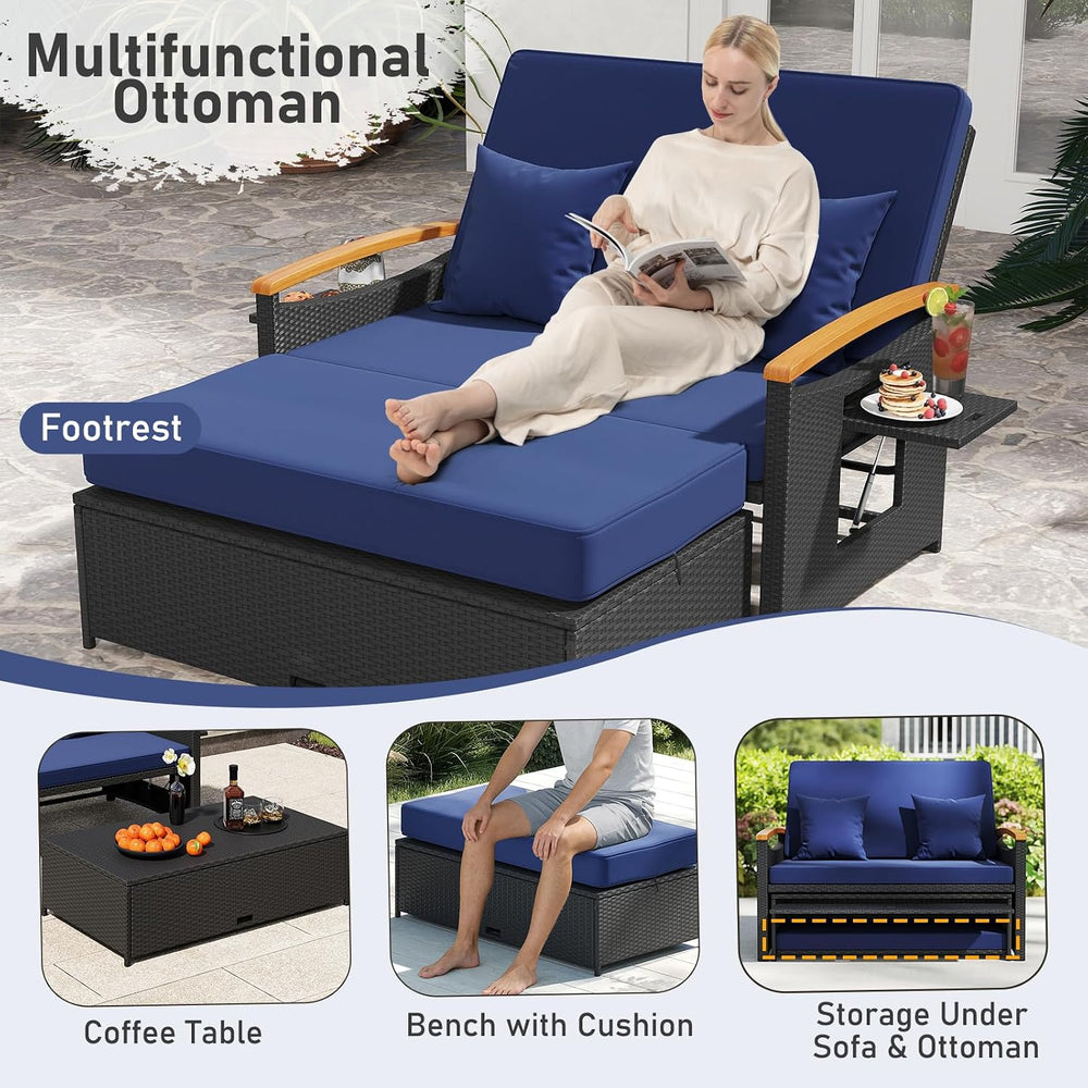 Moccha Outdoor Wicker Daybed, Patio Rattan Loveseat Sofa w/ 4-Level Adjustabl...