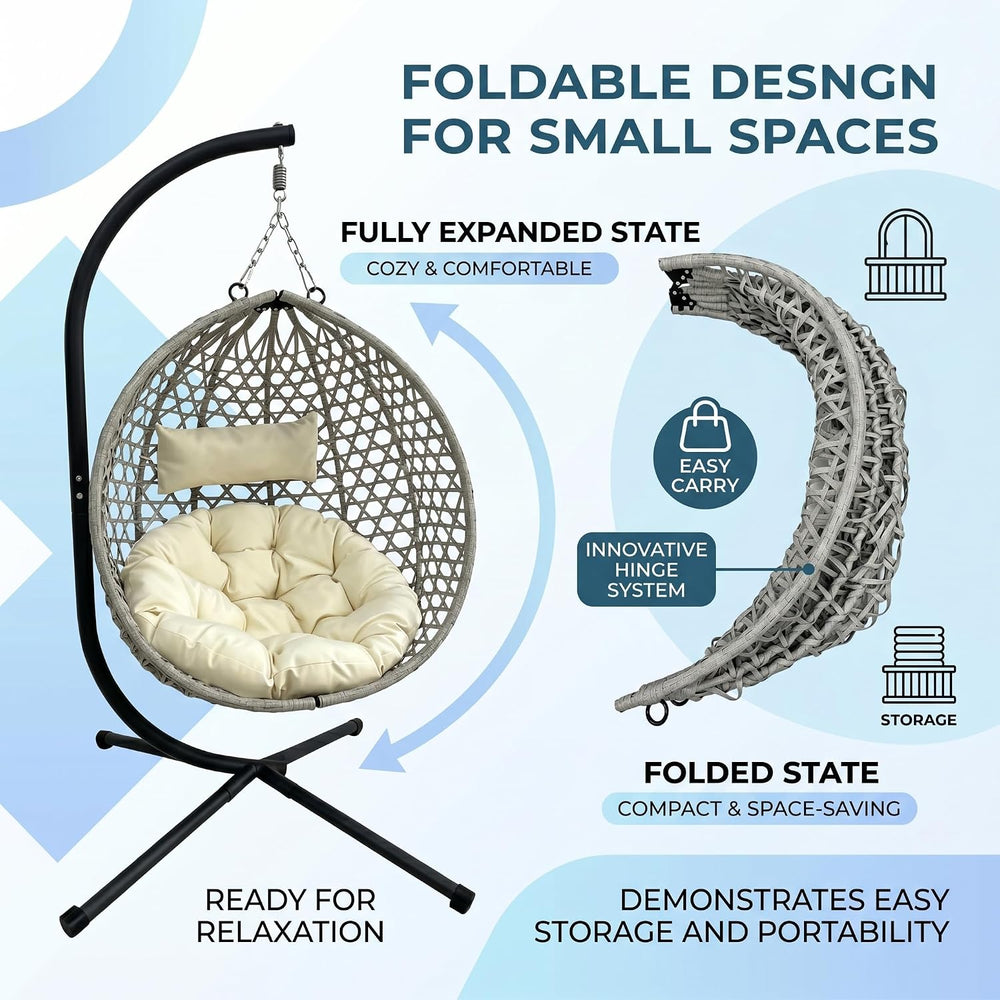 Hanging Egg Chair with Stand, Wicker Egg Swing Chair with Cushion & Headr...