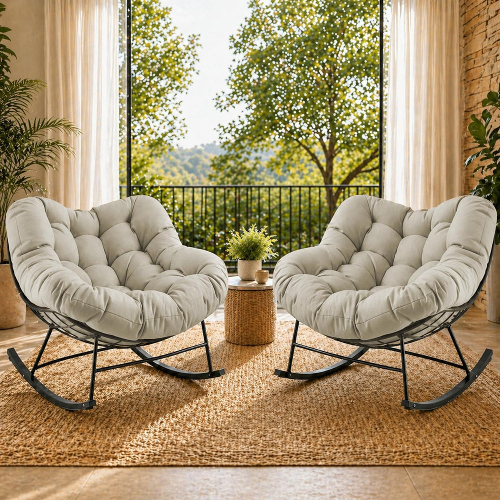 JEAREY Papasan Rocking Chairs Set of 2, Oversized Egg Chairs, Beige