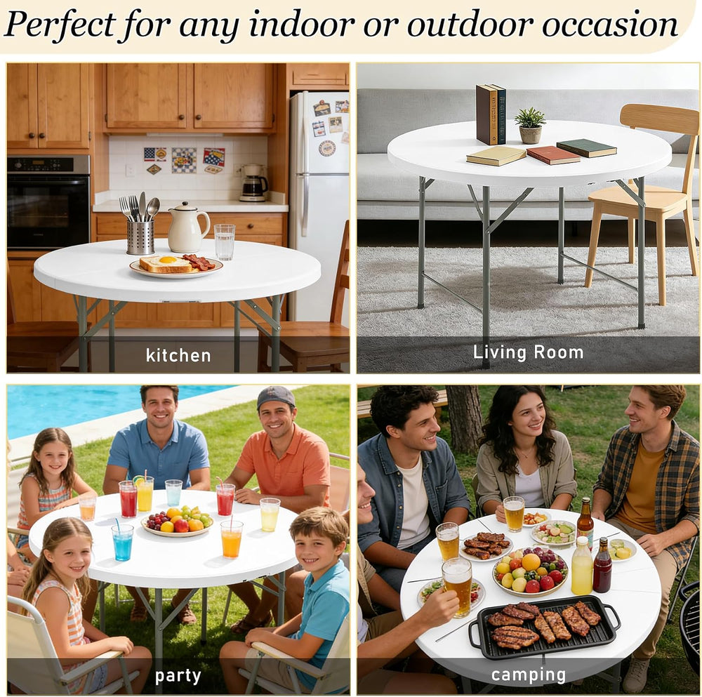 HAISIWLKJ 5FT Round Folding Table White Fold-in-Half with Carrying Handle Por...