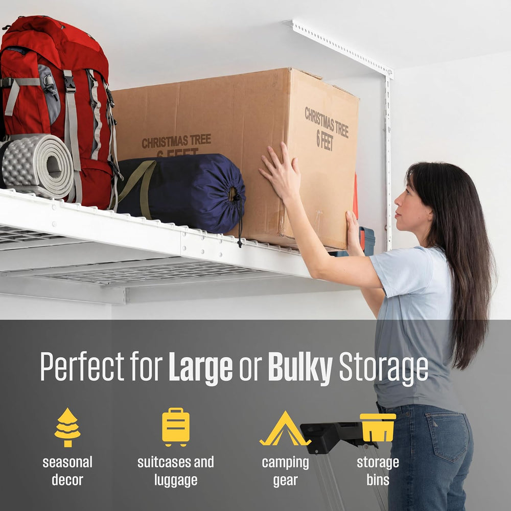 SafeRacks White 4x8 Overhead Storage Rack w/ 5-pc Hook Pack (12”-24" Drop)