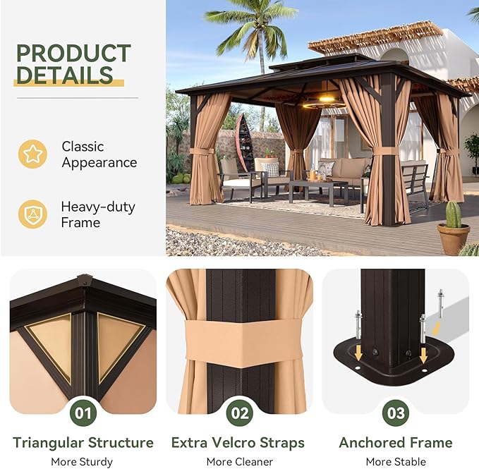 Aoxun 12'x10' Hardtop Gazebo, Aluminum Frame Permanent Pavilion with ...