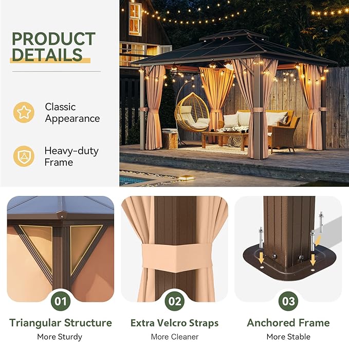 Aoxun 10'x12' Hardtop Gazebo, Aluminum Frame Permanent Pavilion with ...