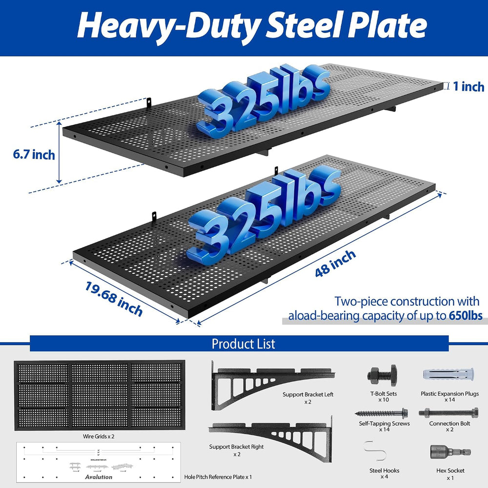 Avalution 2 Pack 1.64x4ft Garage Shelving Wall Mounted with Hooks,650lbs