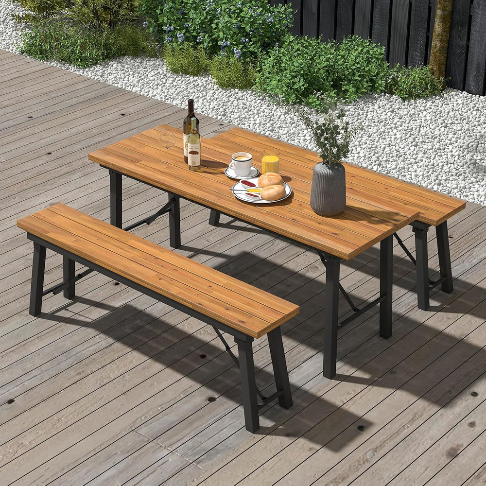HAPPYGRILL Folding Picnic Table Bench Set, Acacia Wood Dining Table Bench w/M...