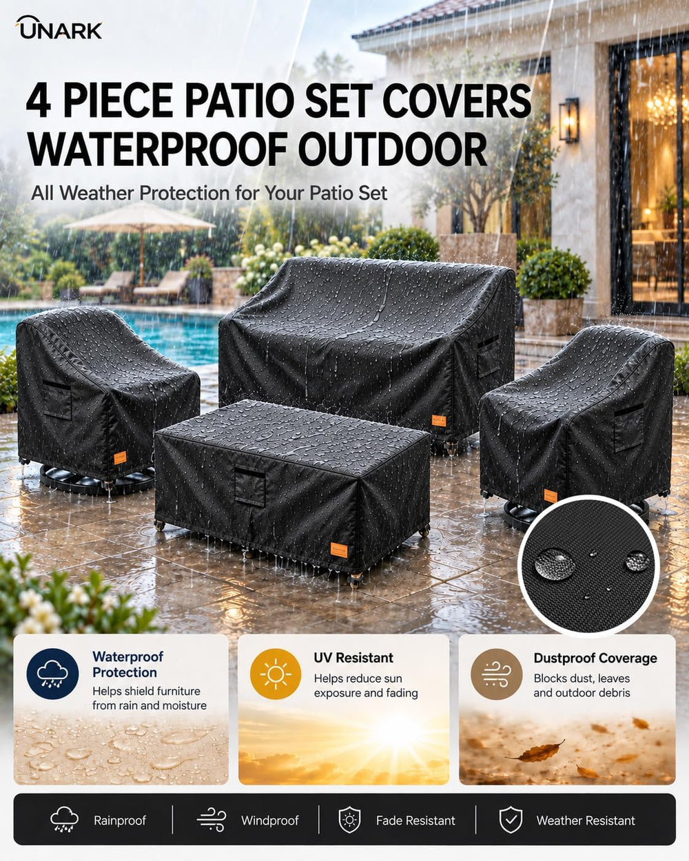 Patio Furniture Set Covers Waterproof Outdoor, 4-Piece Set, 600D Heavy Duty