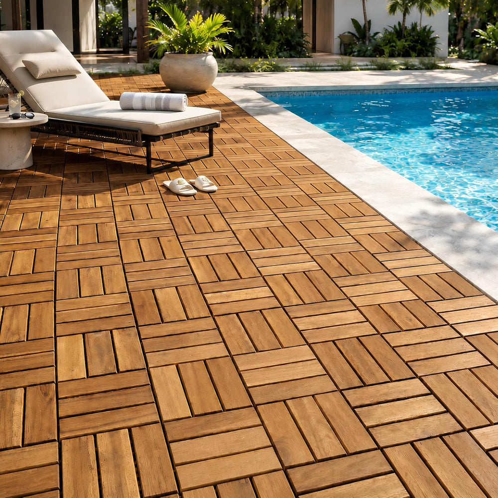 THYOI Premium Deck Tiles, 10 Pcs Patio Flooring - Golden Teak - Crossed
