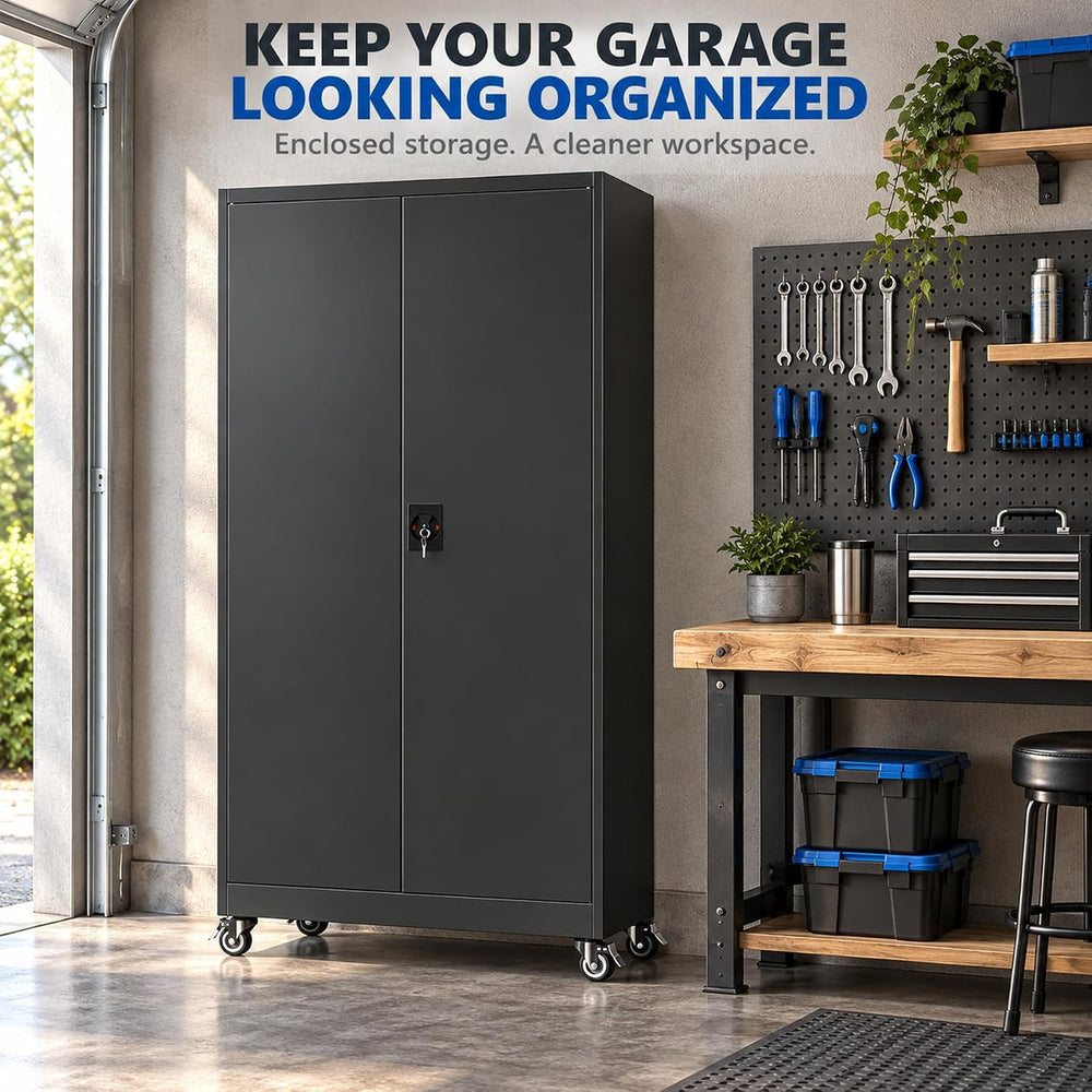 BYNSOE Metal Garage Storage Cabinet with Wheels,Metal Storage Cabinet with Ad...