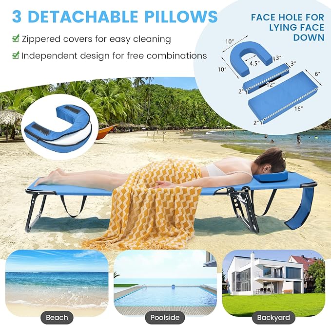 GYMAX Tanning Chair, 350lbs Beach Lounge Chair with Face Hole, Washable Pillo...