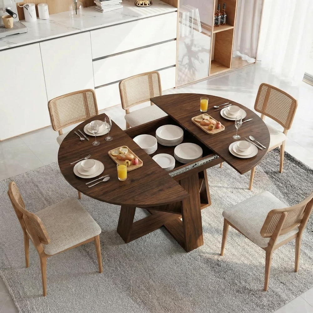 5-Piece Round Dining Table Set for 4, 43.3"-59" Extendable Round to...