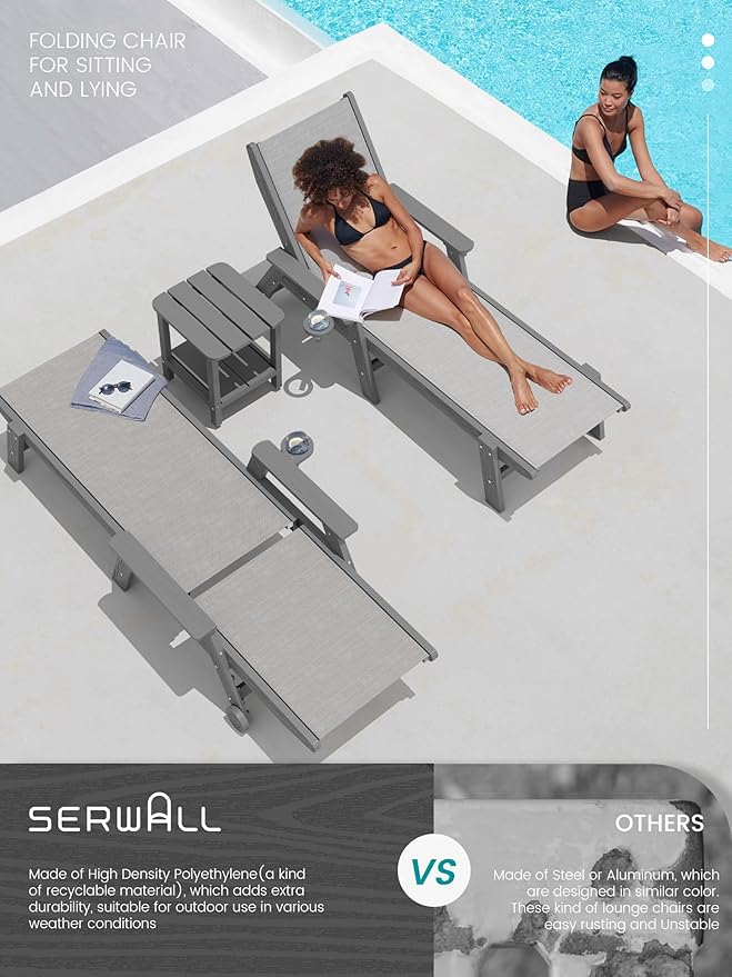 SERWALL Patio Chaise Lounge Chair, 5 Positions Outdoor Lounger for Pool, Text...