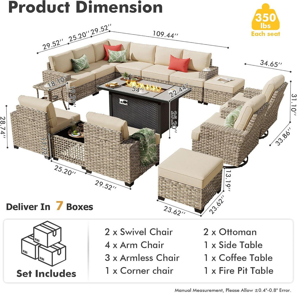 HOOOWOOO Outdoor Sectional Patio Furniture Set with Fire Pit Table,15 Pieces ...