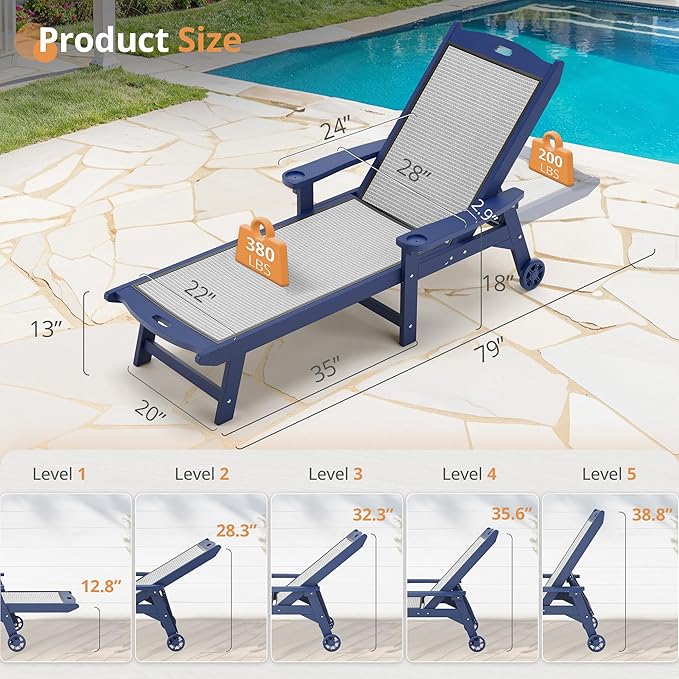 LUE BONA Chaise Lounge Chair Outdoor,HDPS and HDPE Wicker Material, Patio Lou...