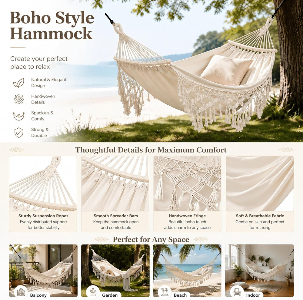 Bohemian Hammock Chair Swing with Crescent Wooden Bar (White)
