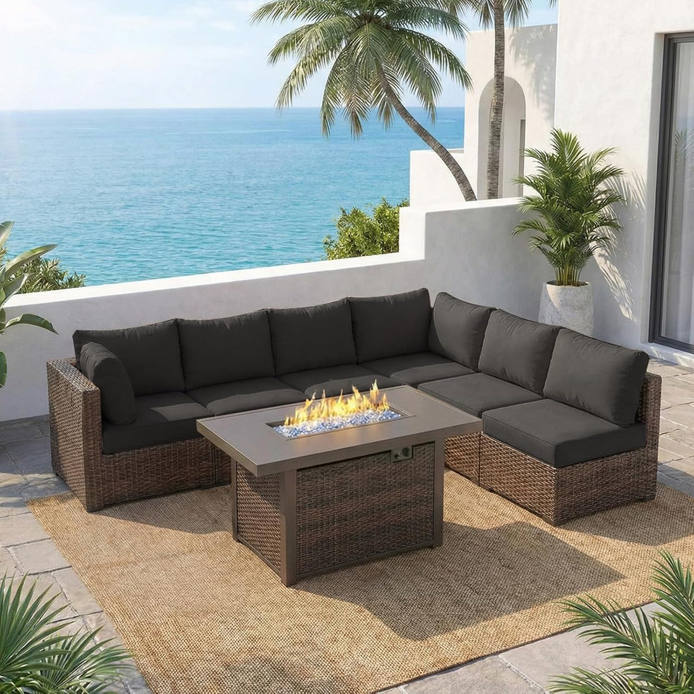 7 Piece Outdoor Patio Furniture Set with 42" Fire Pit, Wicker Furniture ...