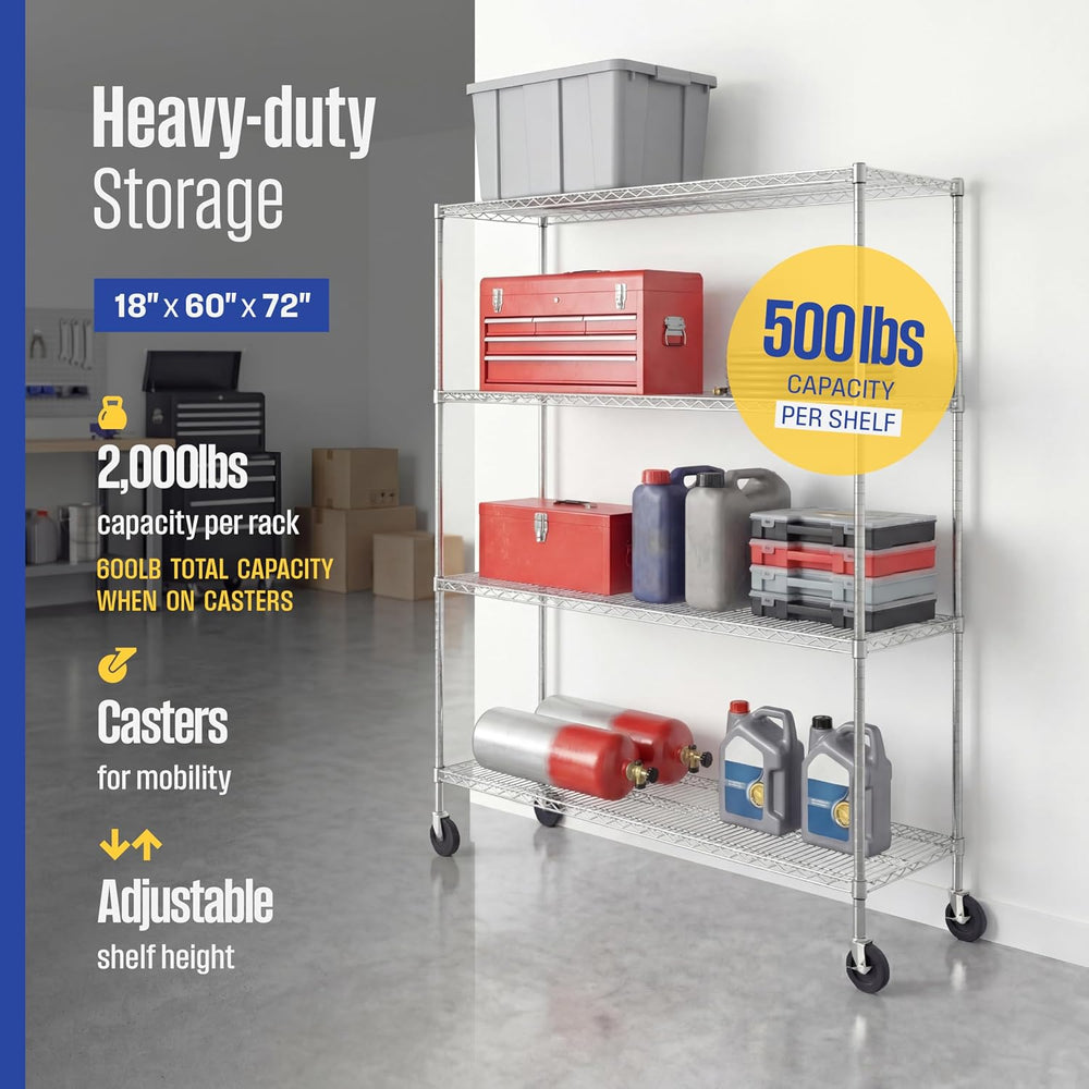 SafeRacks 4-Tier Wire Shelving with Wheels, NSF Heavy Duty 60x18x72 Rack