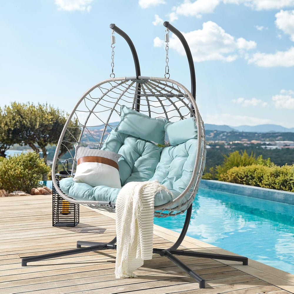 Patiorama 2 Person Double Egg Swing Chair with Stand, Wicker, Light Blue