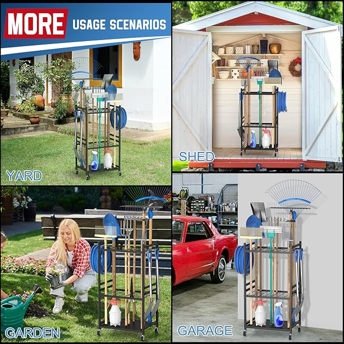 Garden Organizer With Wheels, Yard Tower Rack for Garage Storage, Up to 35 Lo...