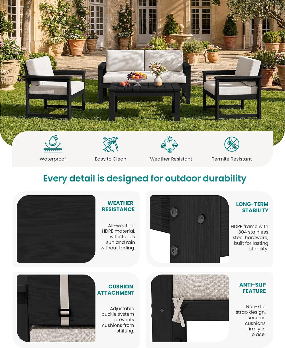 SERWALL 8 Pieces HDPE Outdoor Conversation Sofa Set with Cushion