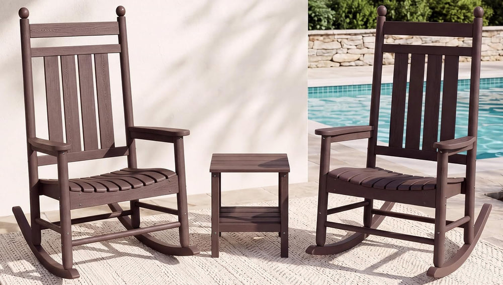 SERWALL Comfortable Outdoor Rocking Chairs Set of 3, Brown