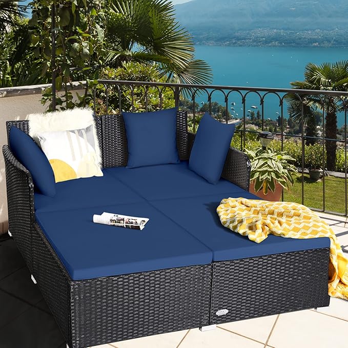 COSTWAY Outdoor Patio Rattan Daybed, Sponge Cushioned Loveseat Sofa with 4 Pi...