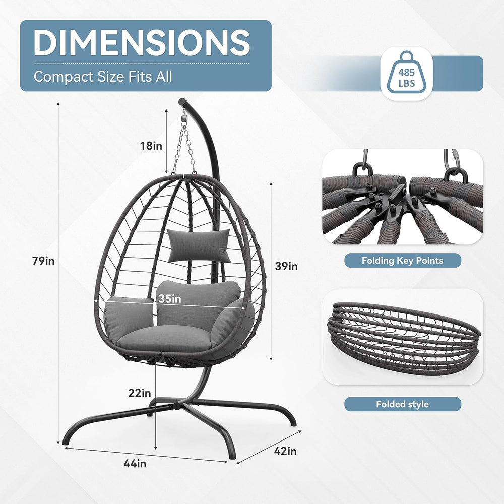 ALAULM Foldable Egg Chair with Stand, 485LBS Capacity Wicker Rattan Hammock S...