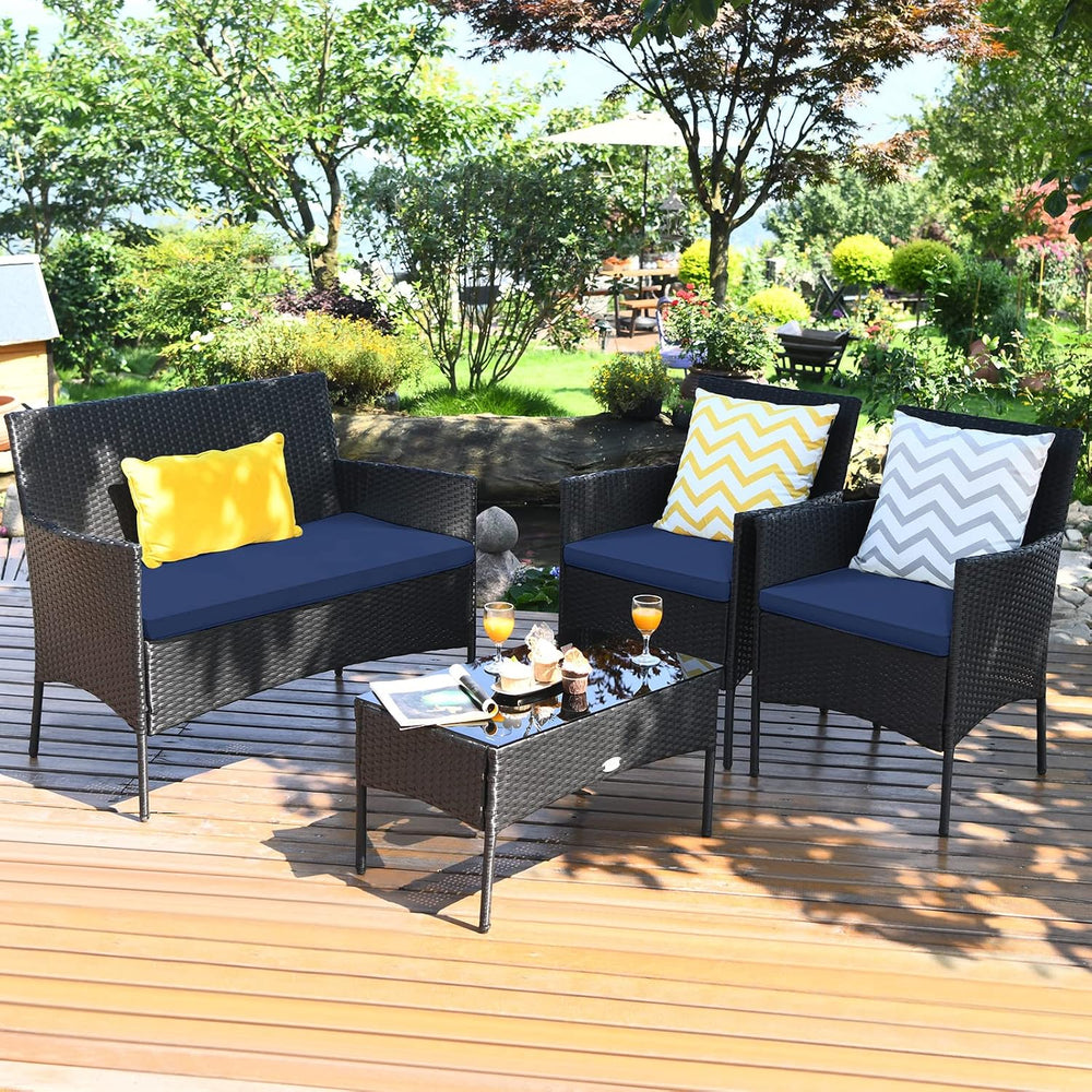 Tangkula 4 Pieces Patio Furniture Set, Outdoor Wicker Conversation Set with T...