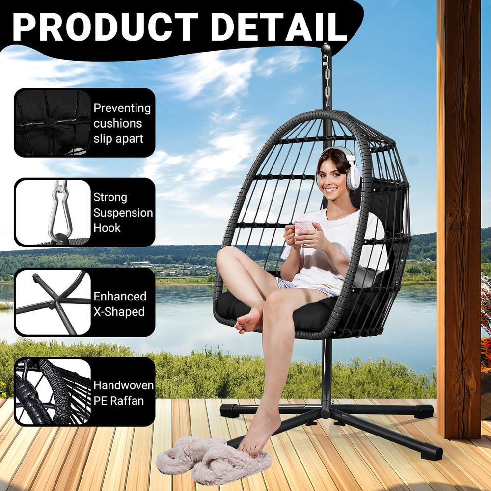 Hanging Egg Chair with Stand, Patio Rattan Wicker Swing Chair, Oversized Hamm...