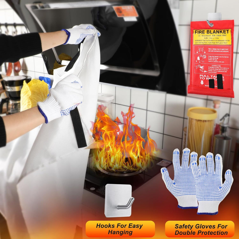 Macarrie 10 Pack Emergency Fire Blanket Bulk with Hooks and Gloves 40'...