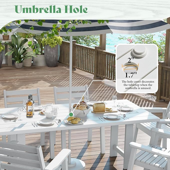AMERLIFE 7-Piece HDPE Outdoor Dining Set with Umbrella Hole, 71" L Patio...