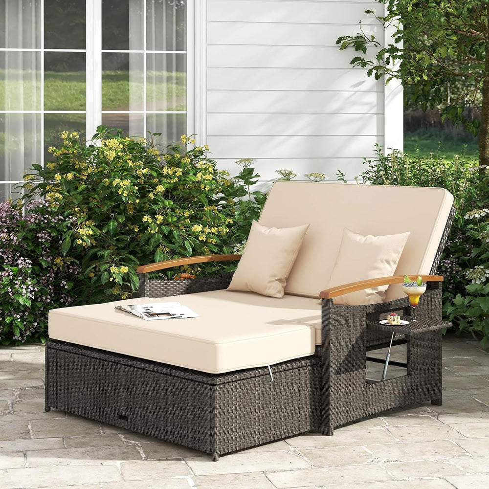COSTWAY Patio Rattan Daybed, Outdoor Loveseat Sofa with Storage Ottoman