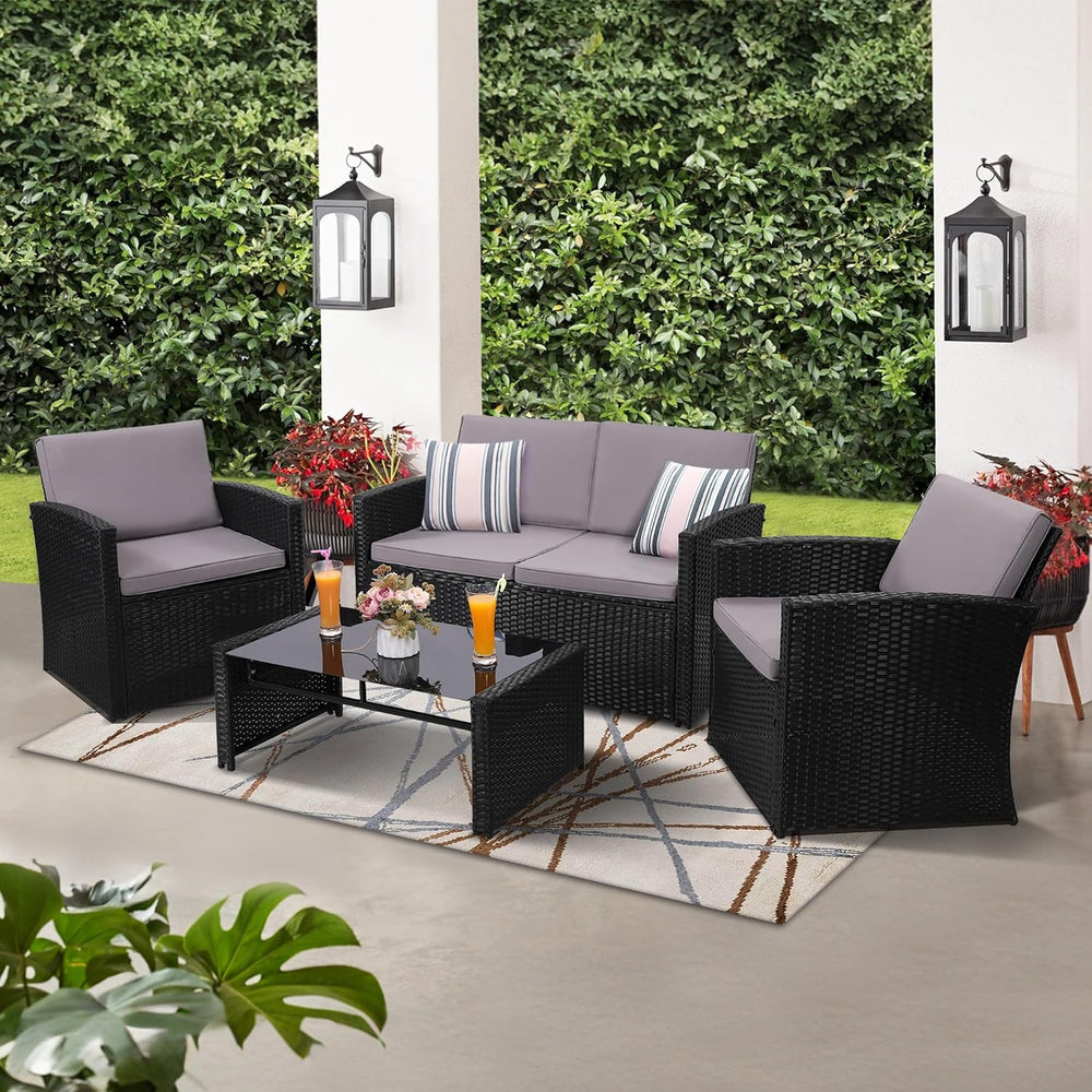 4 Piece Patio Furniture Set, Outdoor Wicker Conversation Set
