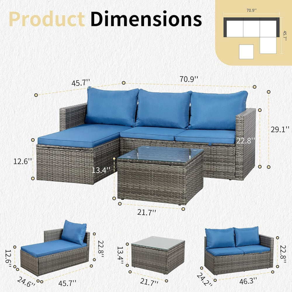 JAMFLY 4-Piece PE Wicker Patio Set with 43" Propane Fire Pit Table, Blue