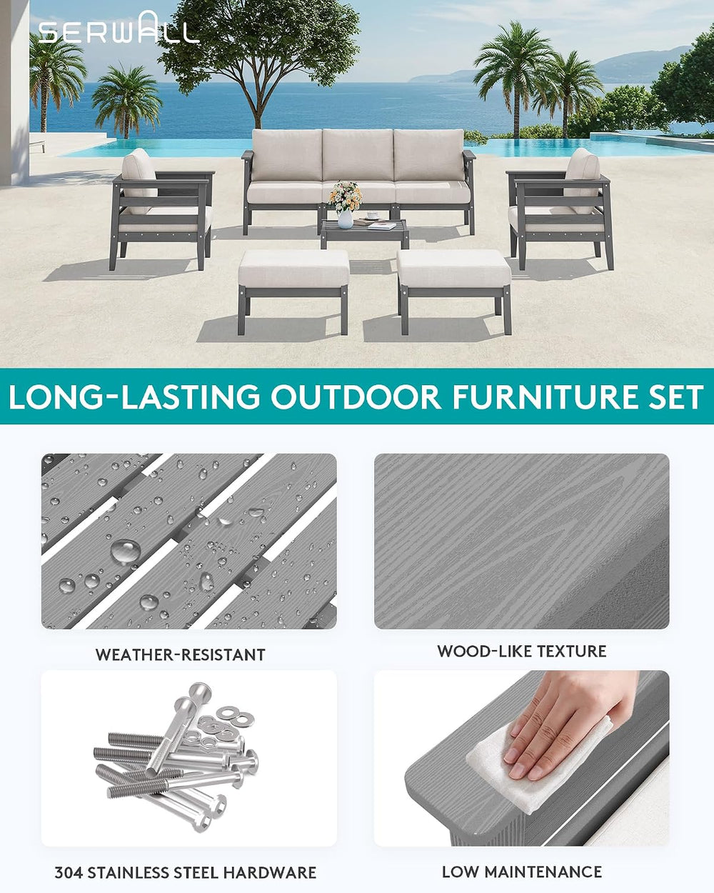 SERWALL HDPE Patio Furniture Set, 8 Pieces Composite Outdoor Furniture