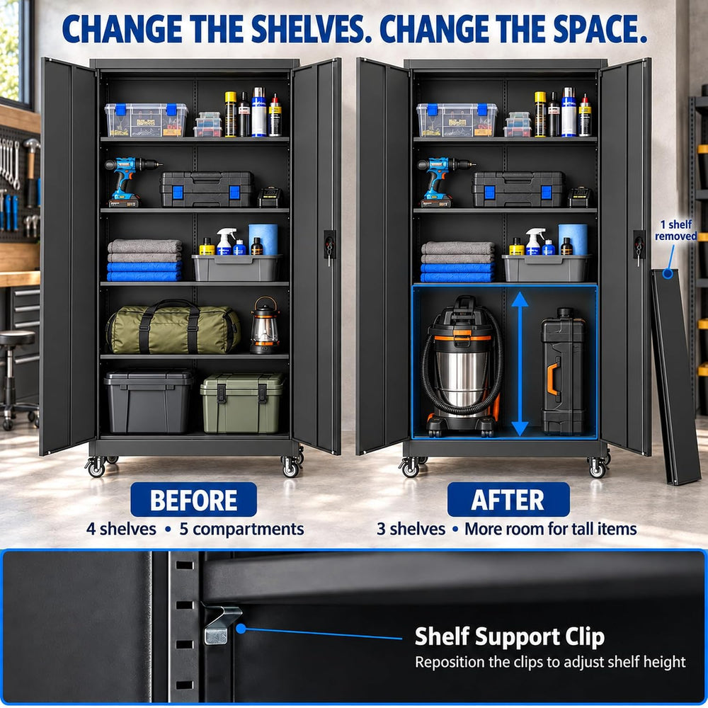 BYNSOE Metal Garage Storage Cabinet with Wheels,Metal Storage Cabinet with Ad...