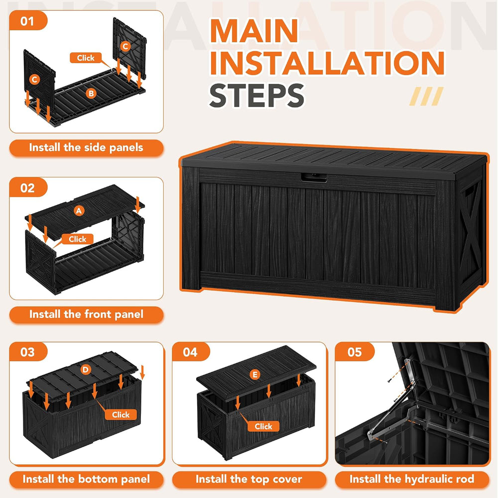 130 Gallon Deck Box Outdoor Indoor Waterproof Storage Box, Black